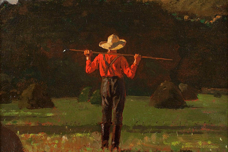 Farmer with a Pitchfork, oil on board painting by Winslow Homer